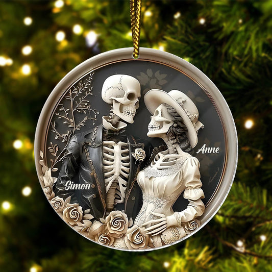 Personalized Halloween couple ornament featuring skeleton figures Simon and Anne dressed in elegant vintage attire
