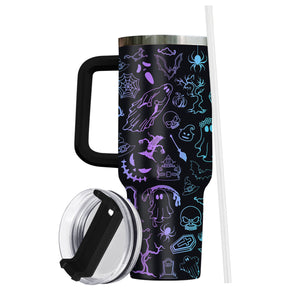 365Gifty Halloween tumbler with handle featuring spooky ghosts and bats design with lid and straw