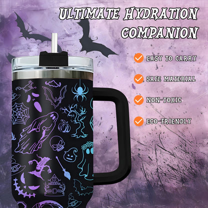 Halloween tumbler with handle featuring spooky ghost and pumpkin designs with black handle and clear lid