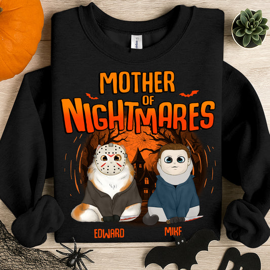 personalized Halloween cat shirt black pullover Mother of Nightmares with two horror costume cats named Edward and Mike