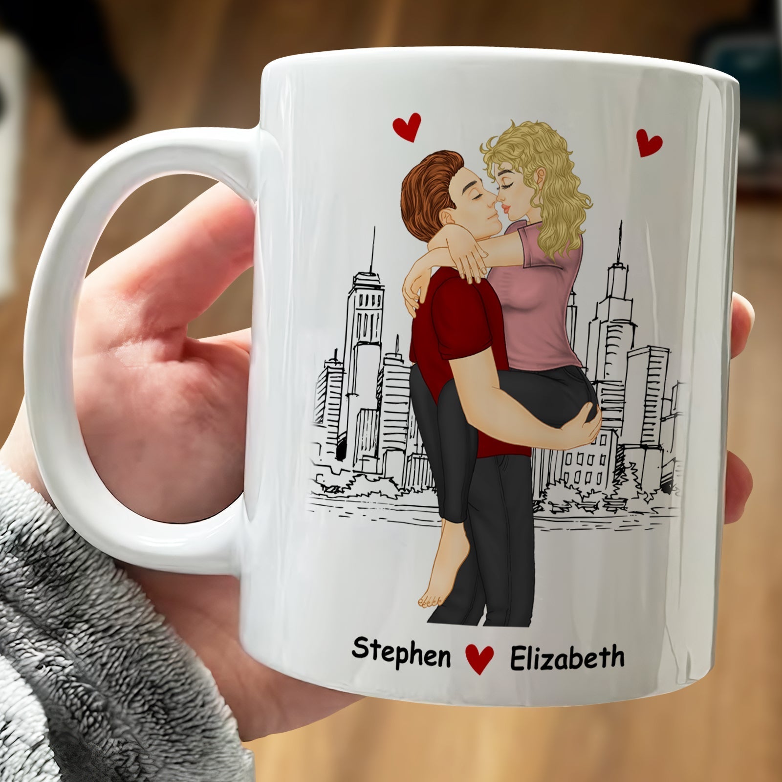you're the best thing I've ever found mug with romantic couple hugging in cityscape background
