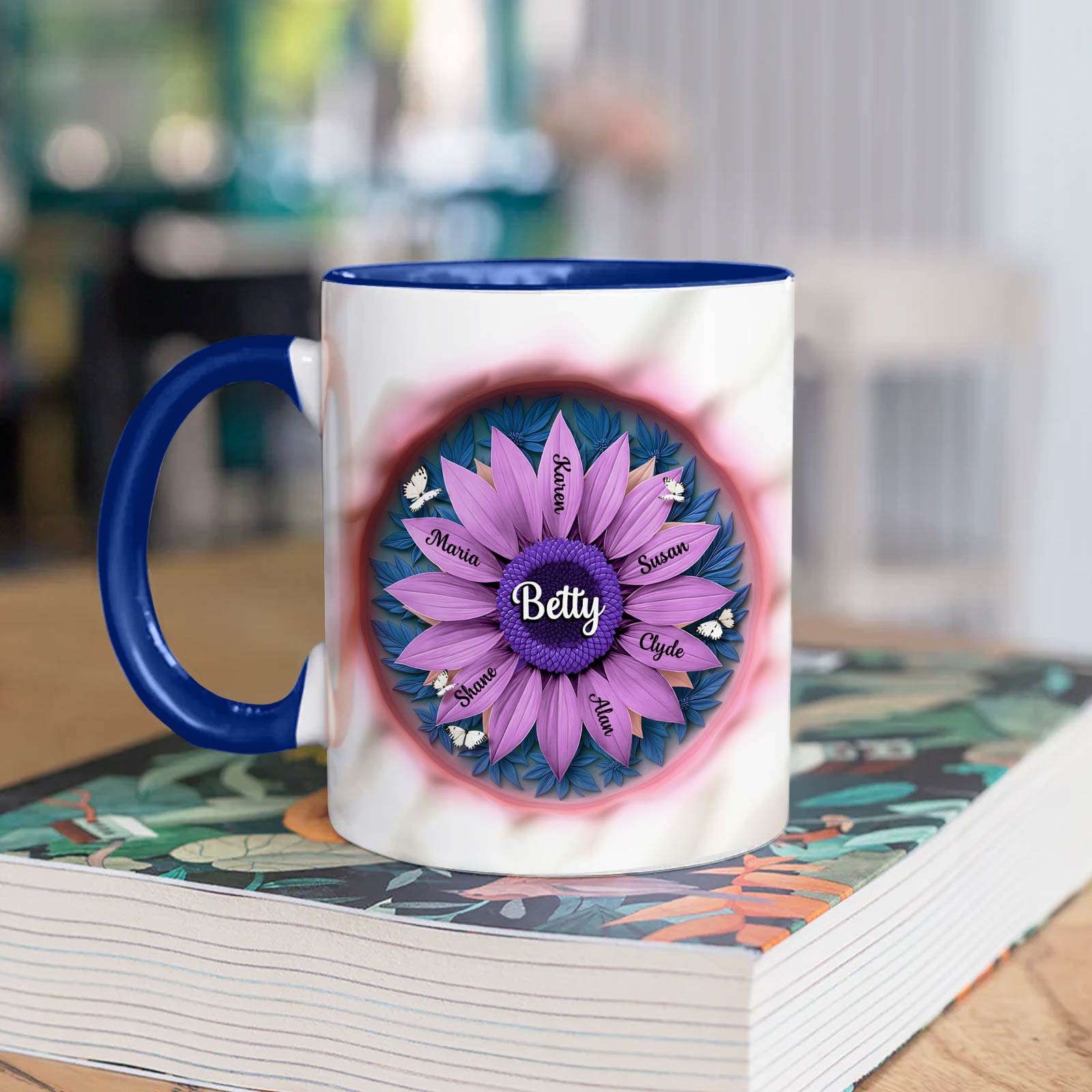 365Gifty personalized mother mug white ceramic with blue handle purple floral name mandala reading Betty