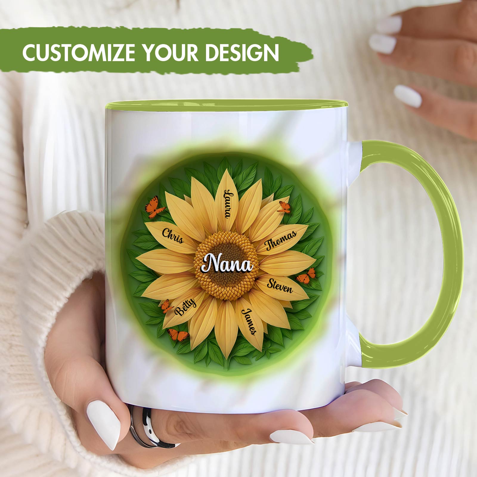 365Gifty personalized mother mug white with green handle and rim featuring sunflower design with Nana and family names