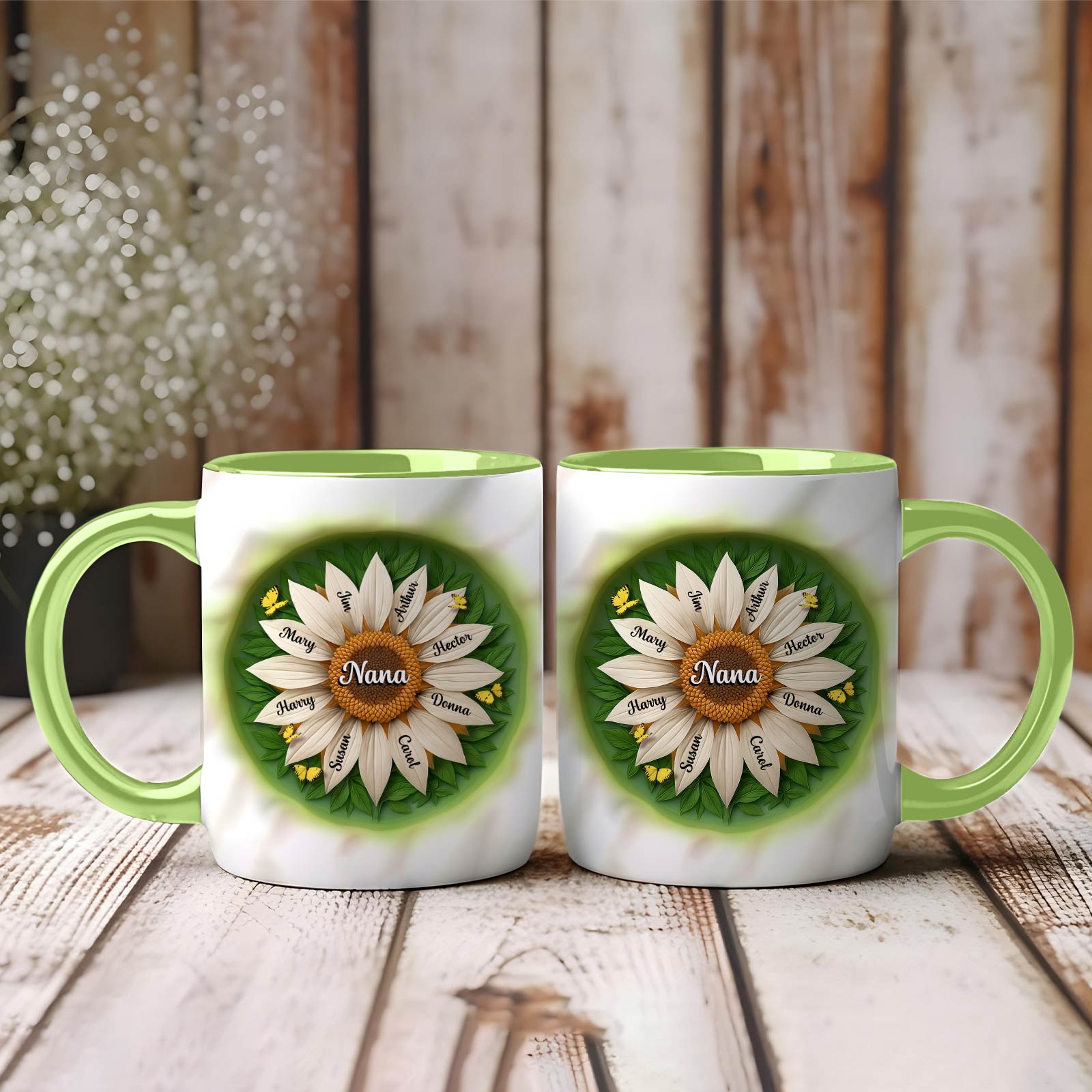 Two green handle ceramic personalized mother mug set with sunflower name petals reading Nana on rustic wood backdrop