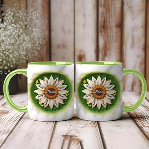 Two green handle ceramic personalized mother mug set with sunflower name petals reading Nana on rustic wood backdrop