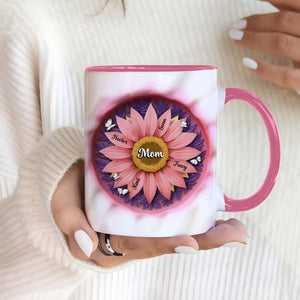 365Gifty personalized mother mug pink handle with floral sunflower design and Mom center with family names