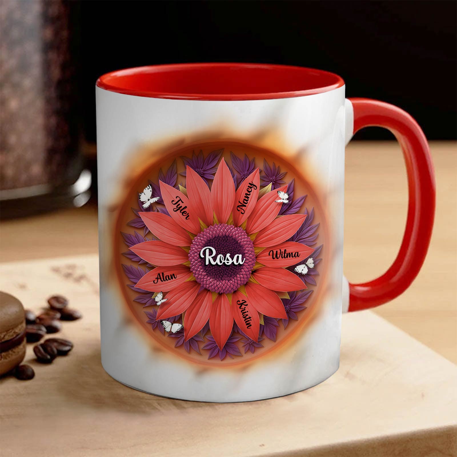 365Gifty personalized mother mug white ceramic with red handle and sunflower name design Rosa and family names