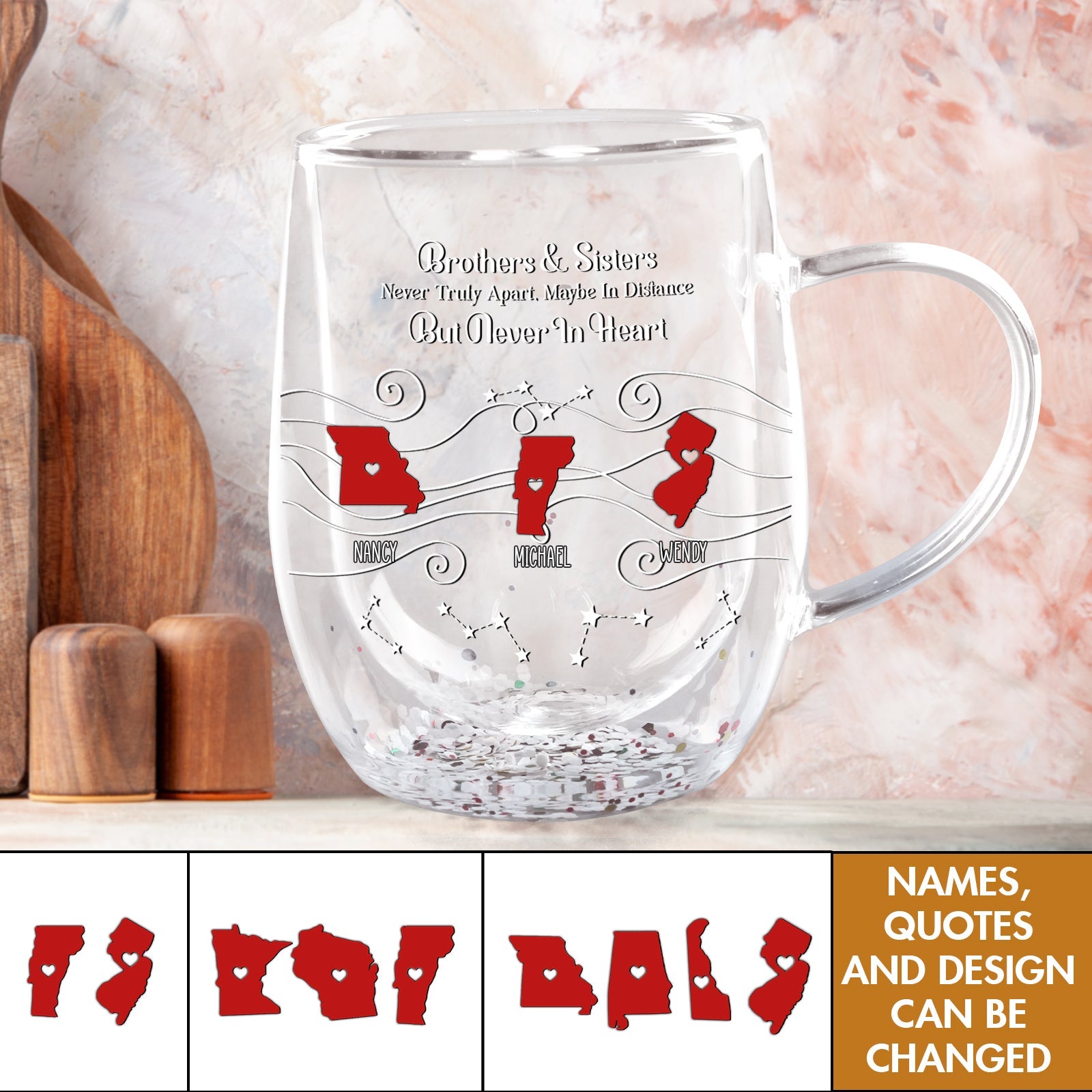 365Gifty personalized glass mug with three red state maps and names custom print unique long distance relationship gift