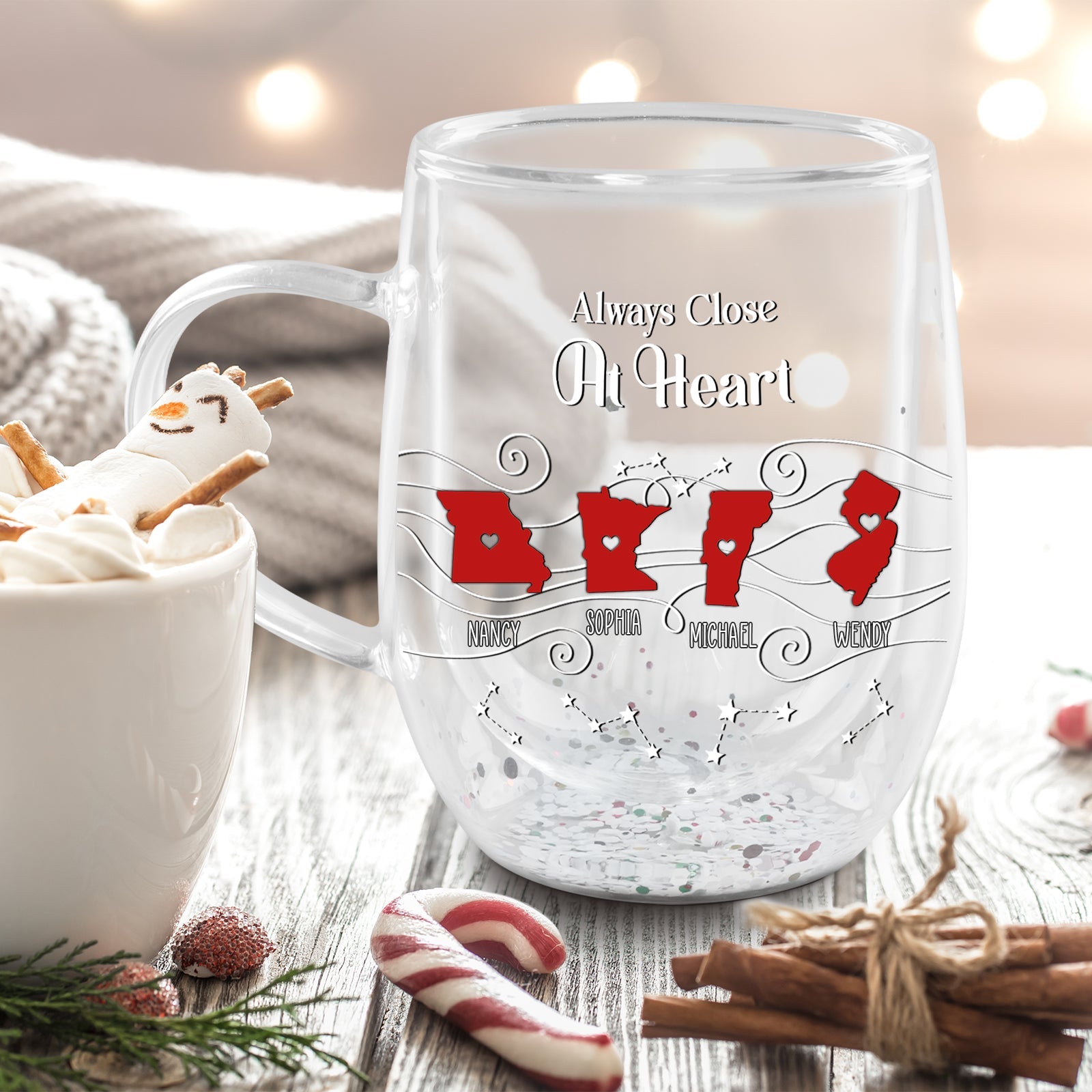 Personalized glass mug Always Close At Heart with red state silhouettes and confetti unique long distance relationship gift