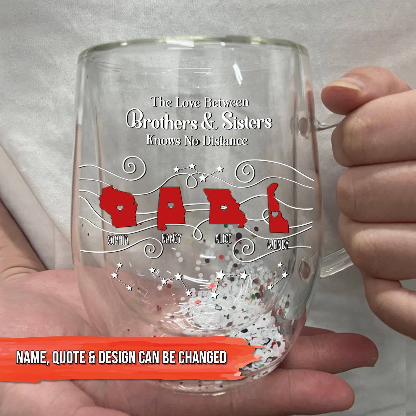 Personalized glass mug with red state silhouettes and names and sibling love quote unique long distance relationship gift