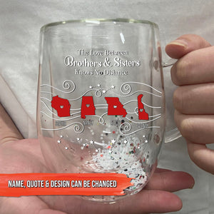 Personalized glass mug with red state silhouettes and names and sibling love quote unique long distance relationship gift