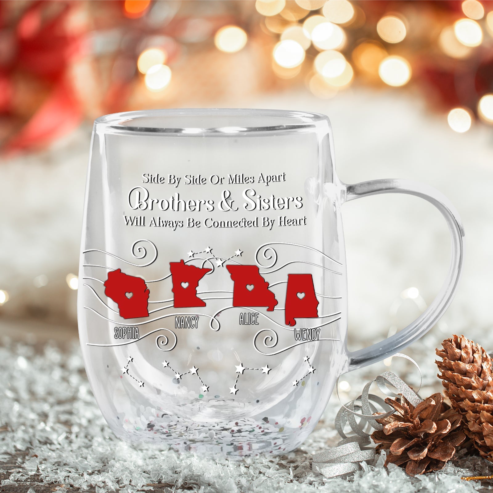 365Gifty clear glass mug with red state map designs and names personalized unique long distance relationship gift for siblings
