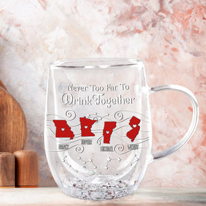 365Gifty clear glass mug with red state maps hearts and Never Too Far To Drink Together unique long distance relationship gift
