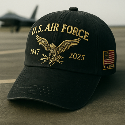 365Gifty Heritage Cap black with U.S. Air Force gold printed eagle and flag patch