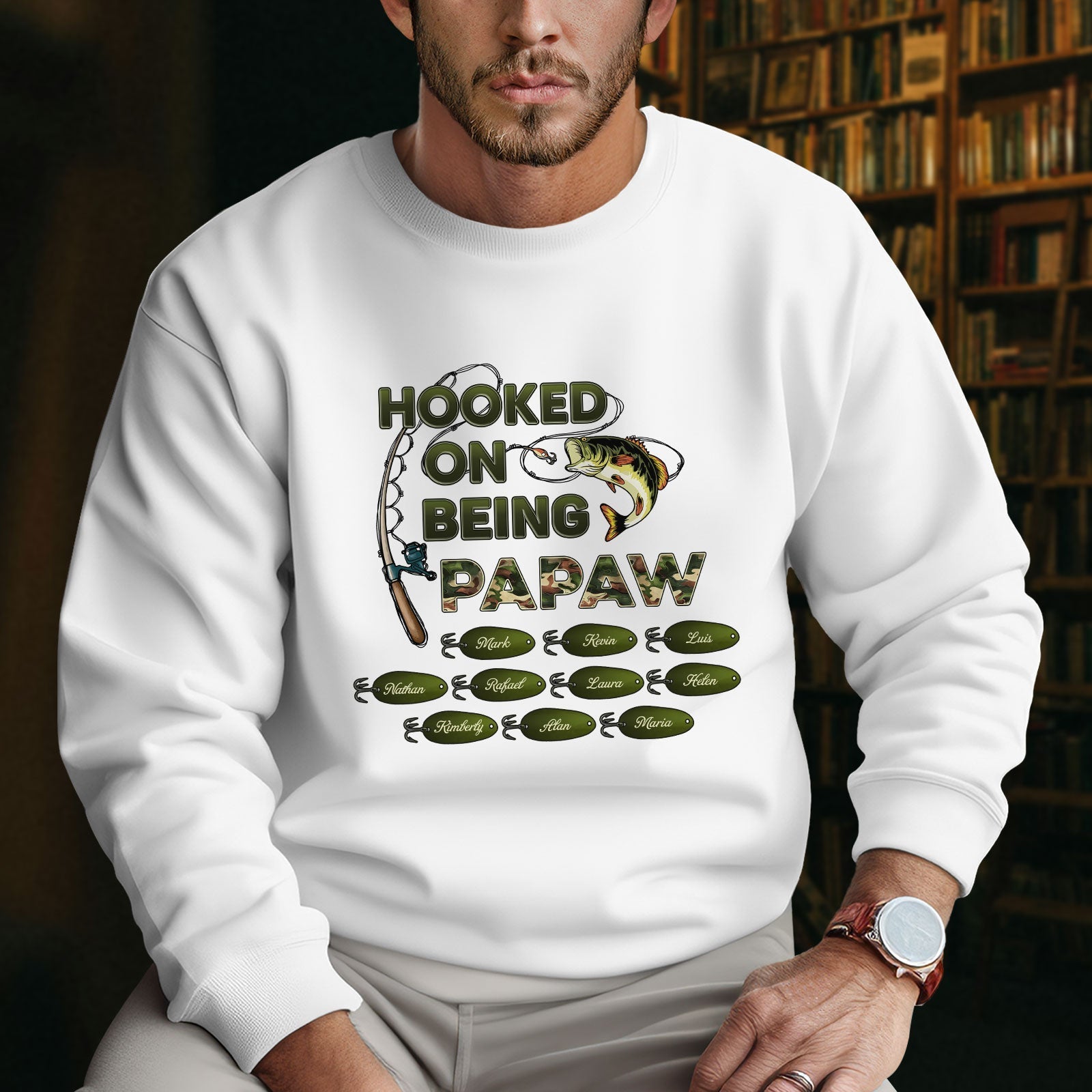 White hooked on being grandpa shirt with fishing design worn by man indoors