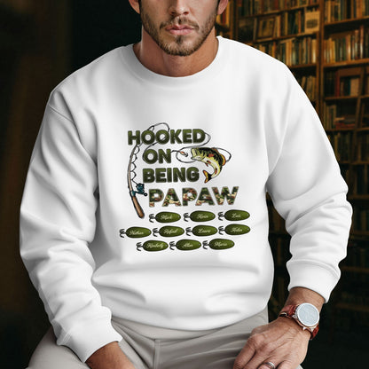 White hooked on being grandpa shirt with fishing design worn by man indoors