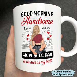 White mug with custom names featuring 'hope your day is as nice as my butt mug' design and couple illustration