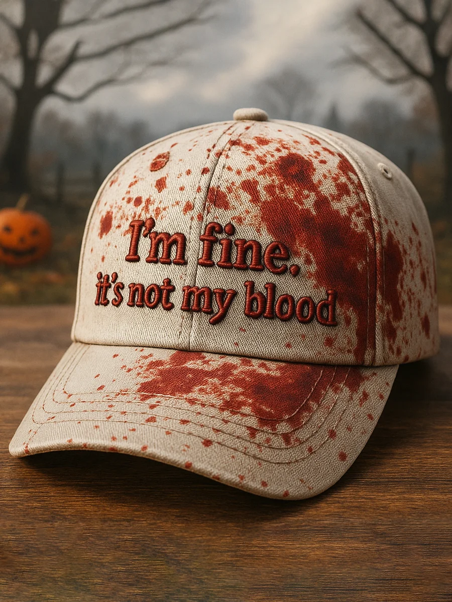 Beige cap with red splatter and embroidered text I'm fine it's not my blood cap in bold letters