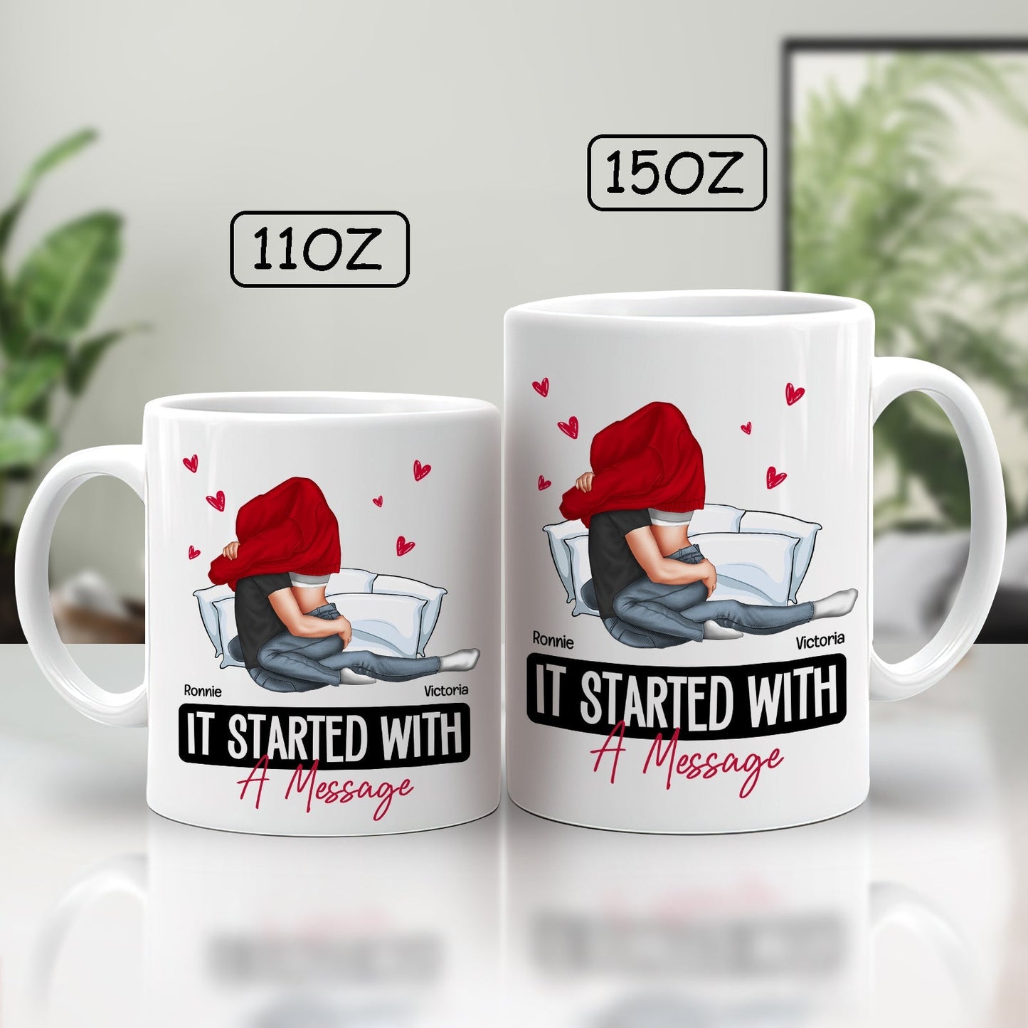 White it started with a message mug in 11oz and 15oz sizes featuring a couple hugging with red hearts