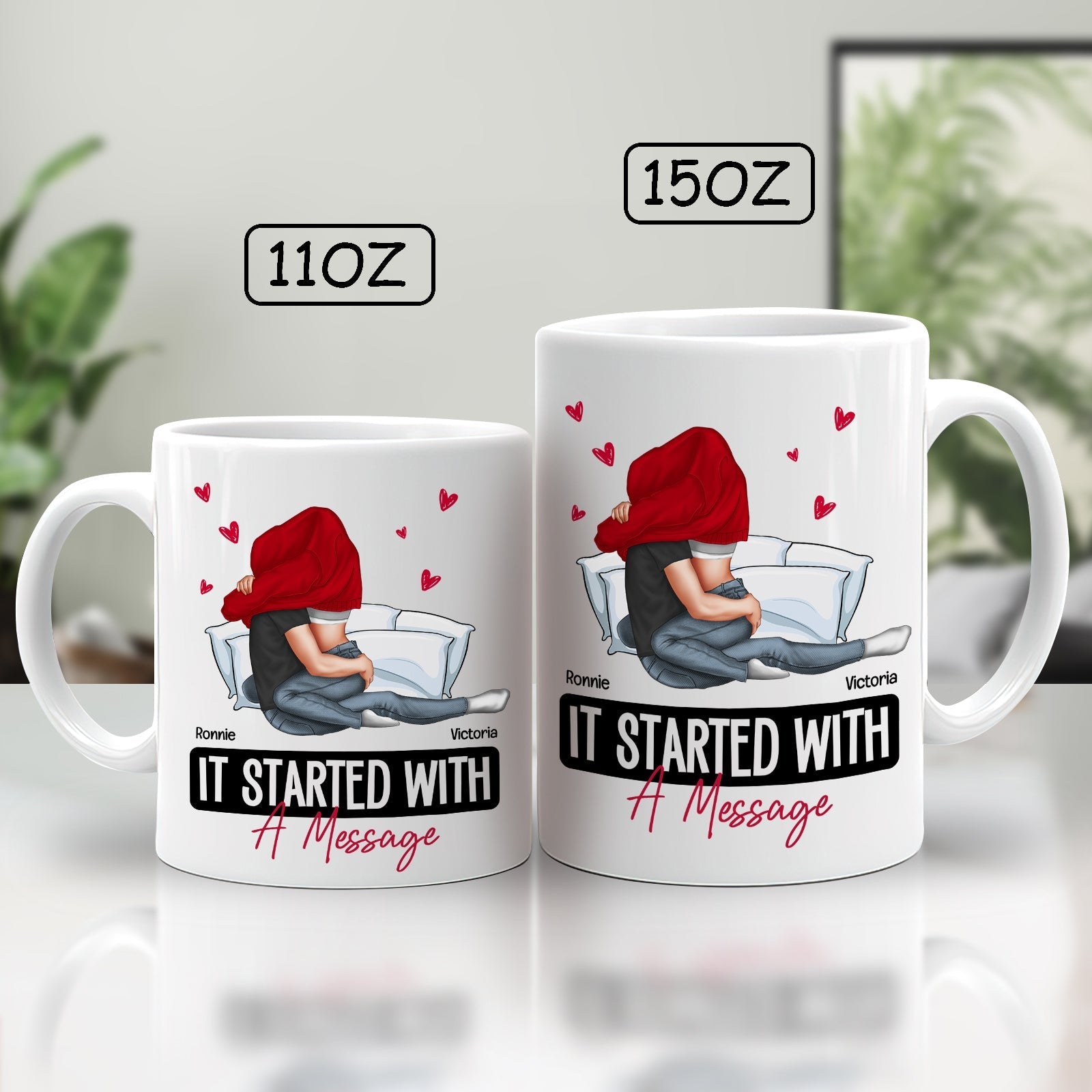 White it started with a message mug in 11oz and 15oz sizes featuring a couple hugging with red hearts