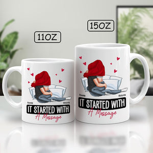 White it started with a message mug in 11oz and 15oz sizes featuring a couple hugging with red hearts