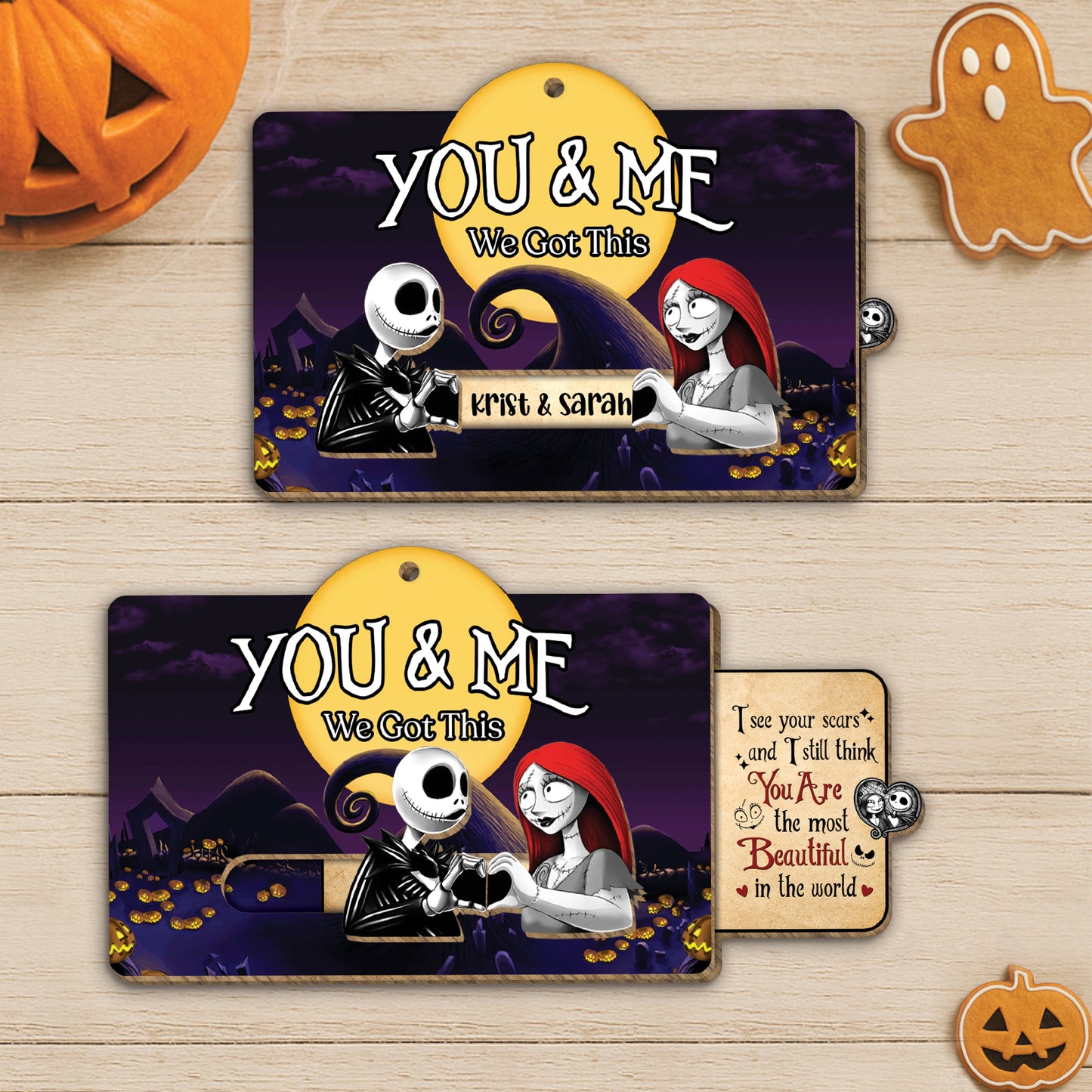 Jack and Sally wooden slider card from 365Gifty with You and Me We Got This design and personalized names