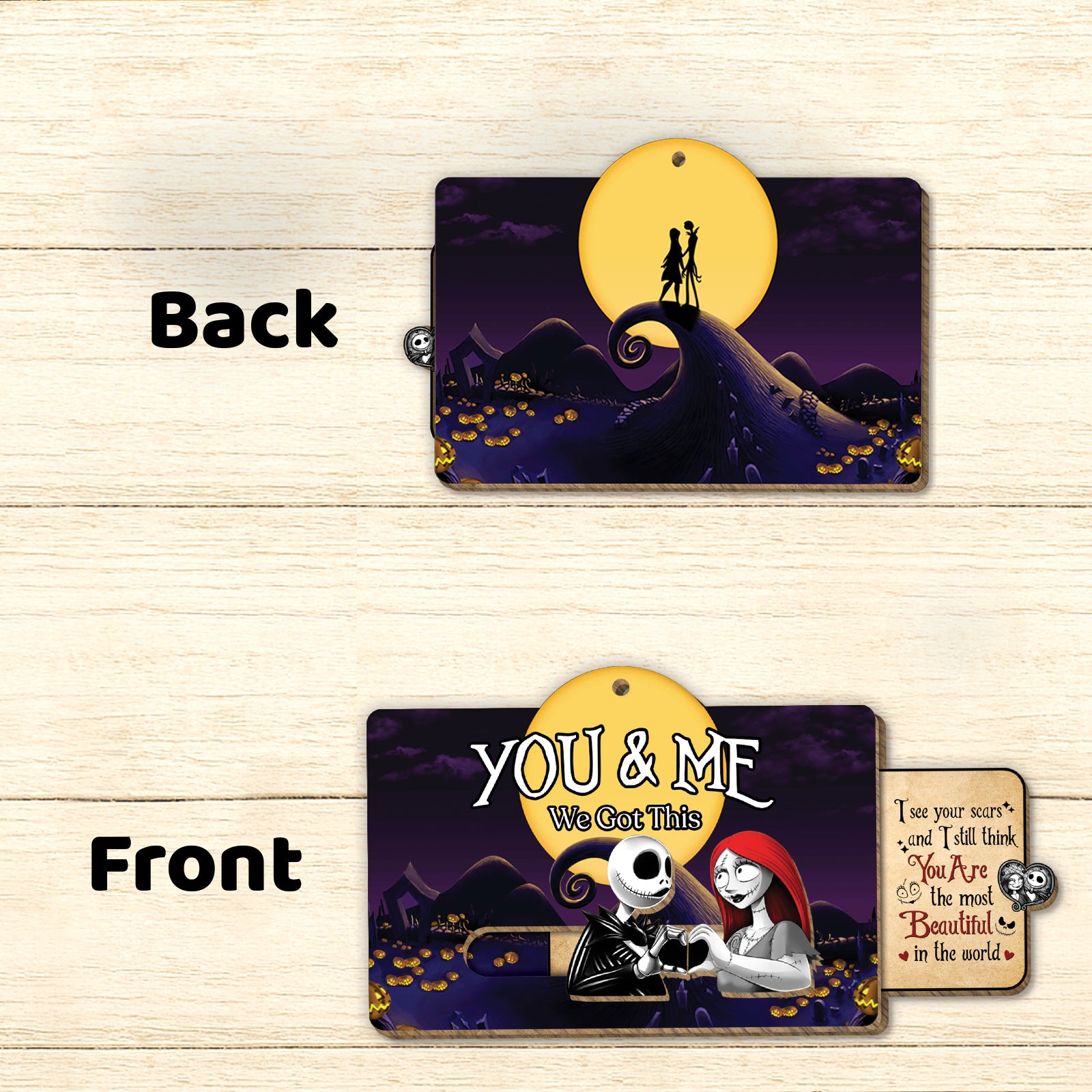 Front and back view of Jack and Sally wooden slider card featuring Halloween Night design and romantic message