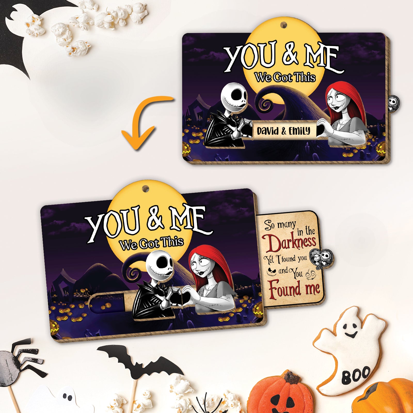 Jack and Sally wooden slider card featuring a spooky Halloween theme with personalized names and message