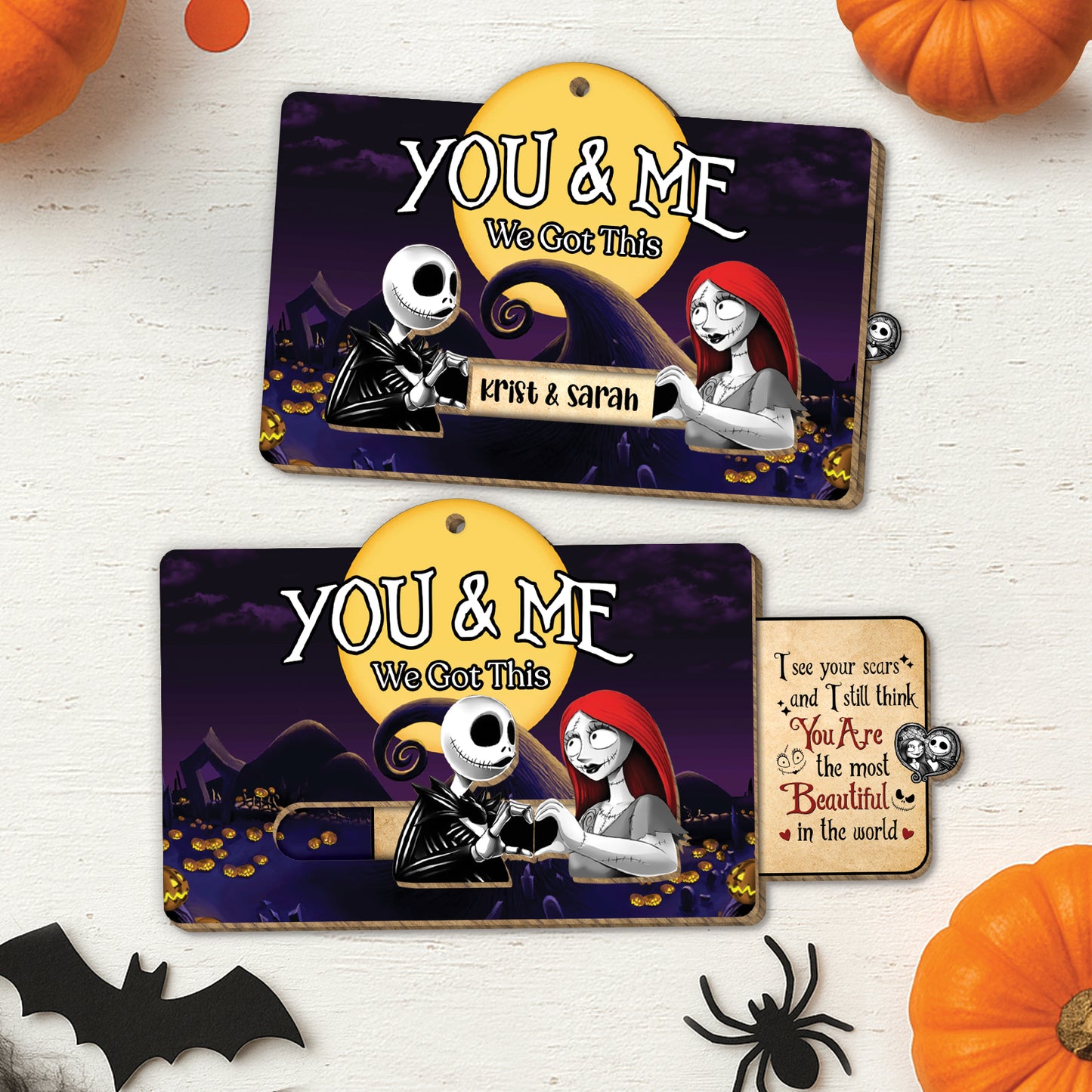Jack and Sally wooden slider card with Halloween theme and personalized names Krist and Sarah