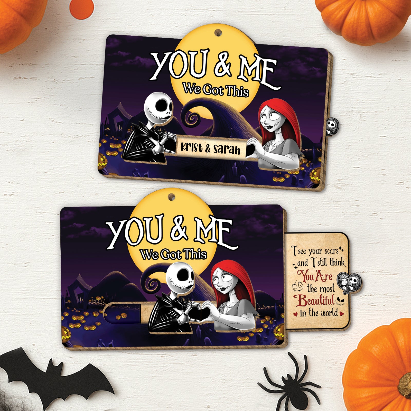 Jack and Sally wooden slider card with Halloween theme and personalized names Krist and Sarah