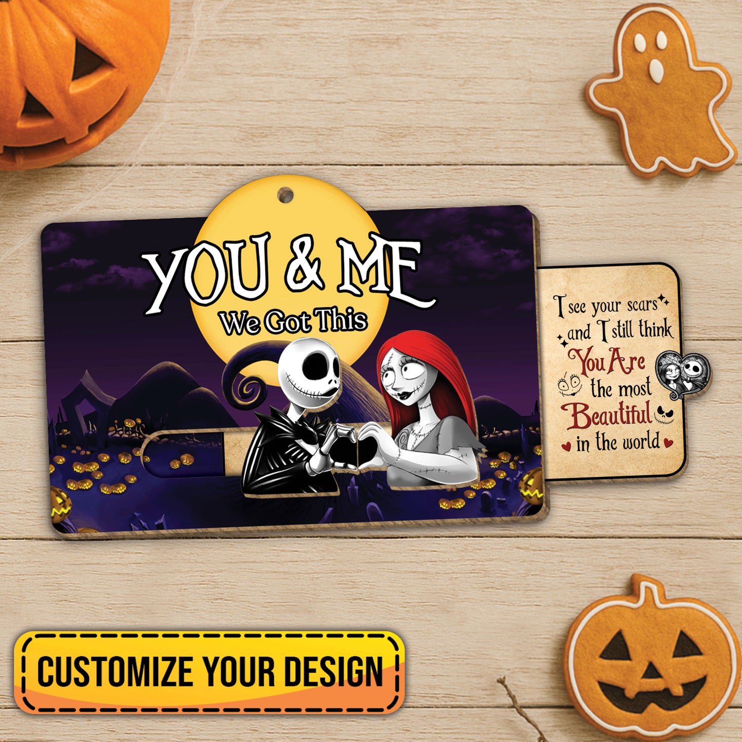 Halloween Wooden Slider Card with You and Me design featuring spooky characters and customizable message