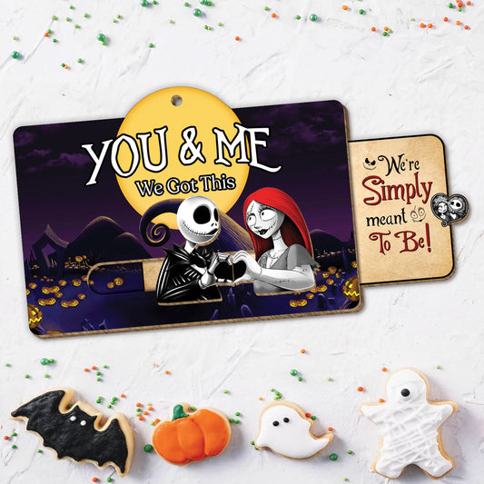 Jack and Sally wooden slider card with You and Me message and Halloween-themed cookies around
