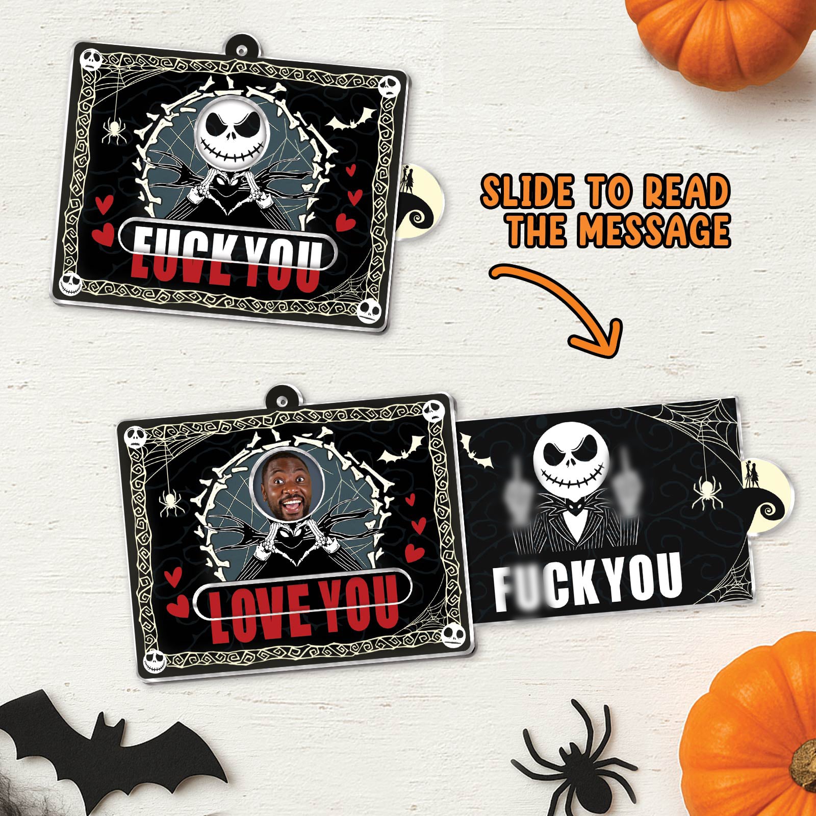 Jack Skeleton slider card showing a hidden message with Halloween-themed design and slide to read feature