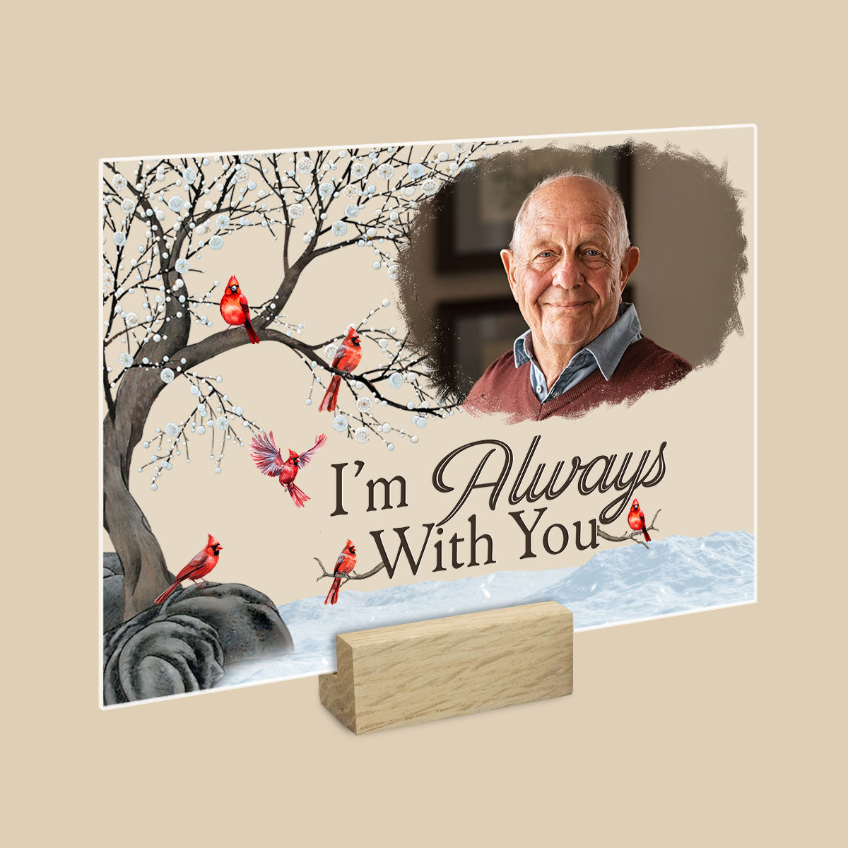 Personalized Acrylic Photo Plaque with red cardinals tree design Im Always With You message memorial photo and wooden stand