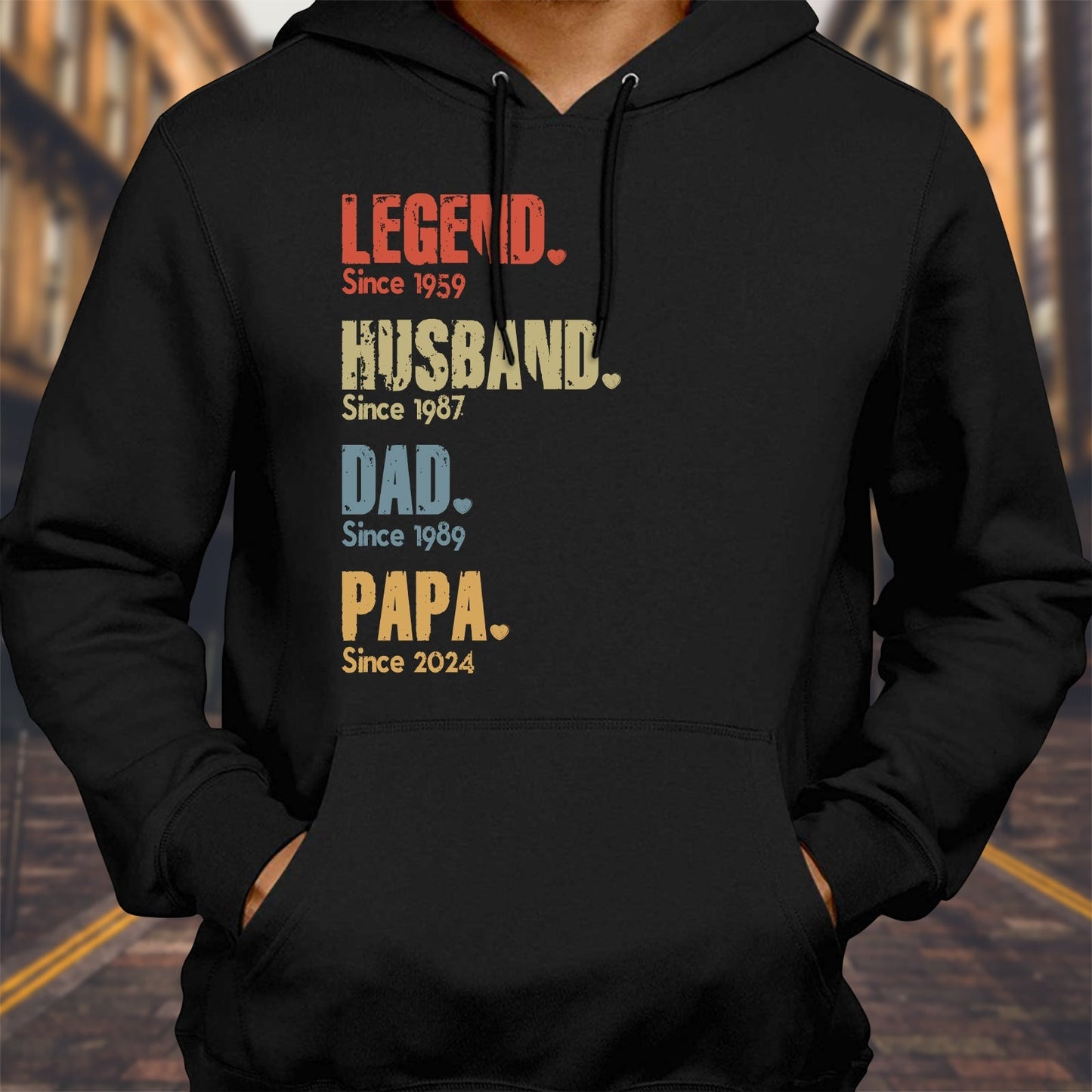 Black hoodie with legend dad papa shirt for men text in colorful vintage font on front