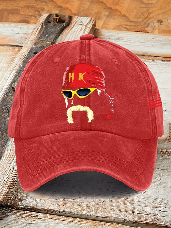 Red Legends Cap by 365Gifty featuring a graphic face with yellow sunglasses and a red bandana