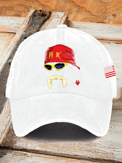 White Legends Cap with red bandana, yellow sunglasses, and printed mustache design