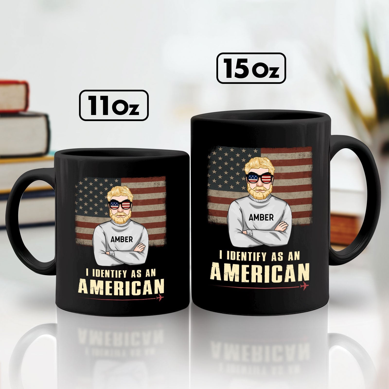365Gifty black 11oz and 15oz custom I identify as an American mug with flag and cartoon man