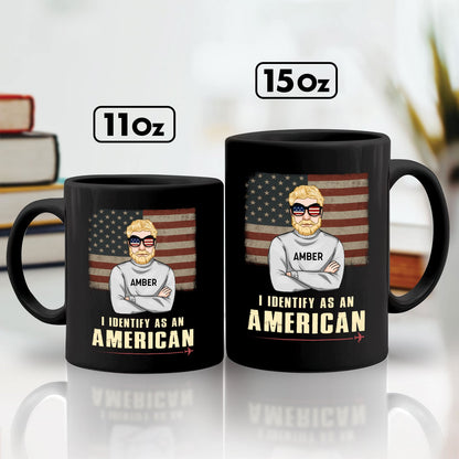 365Gifty black 11oz and 15oz custom I identify as an American mug with flag and cartoon man