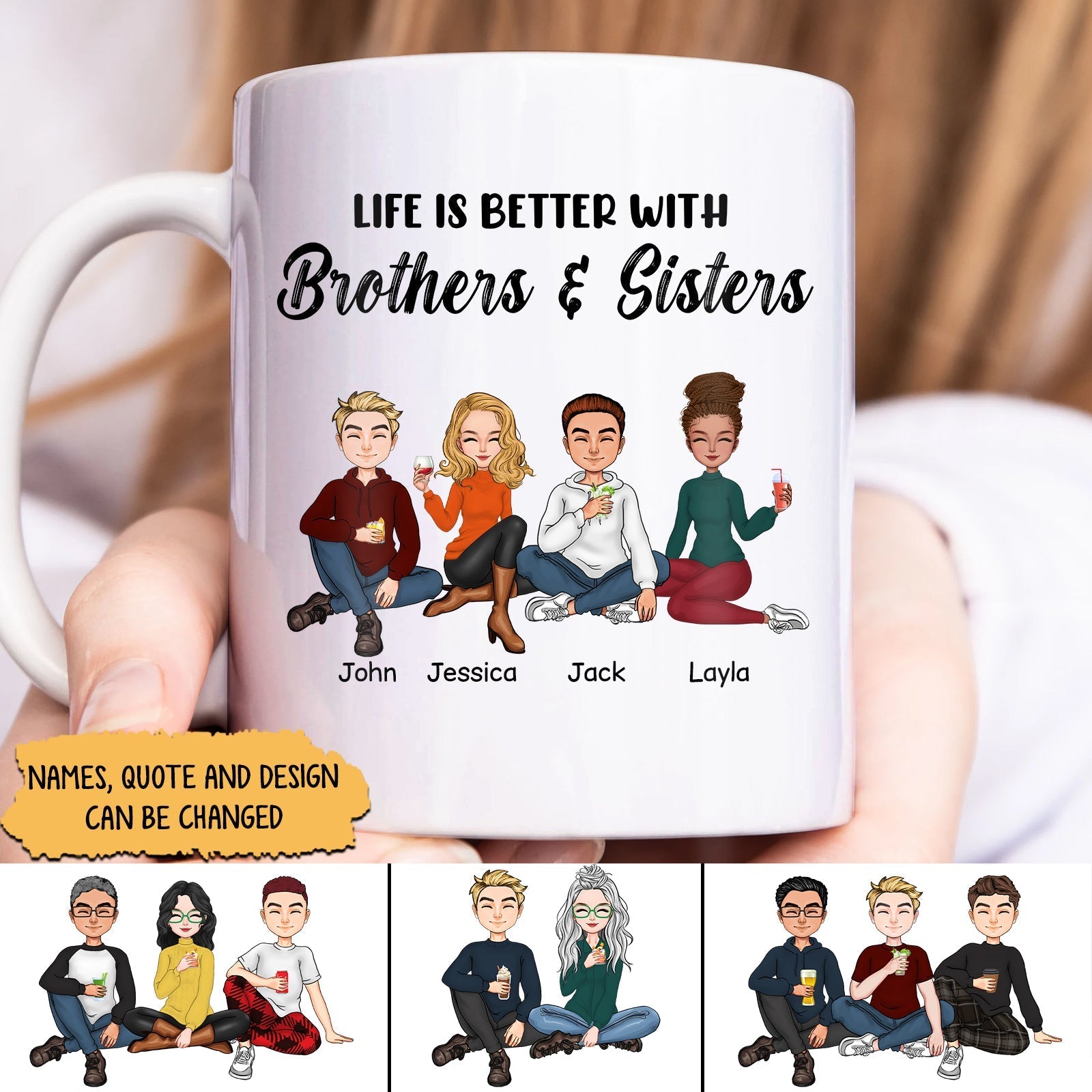 Personalized mug featuring siblings illustration with the quote life is better with siblings gift