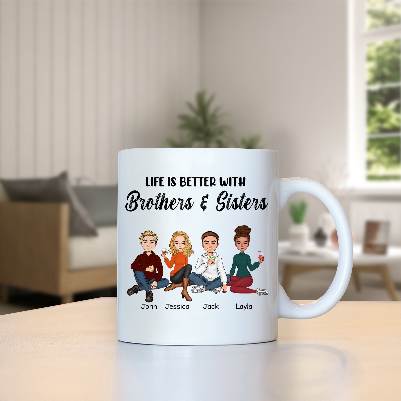 Custom mug featuring siblings artwork with the phrase life is better with siblings gift