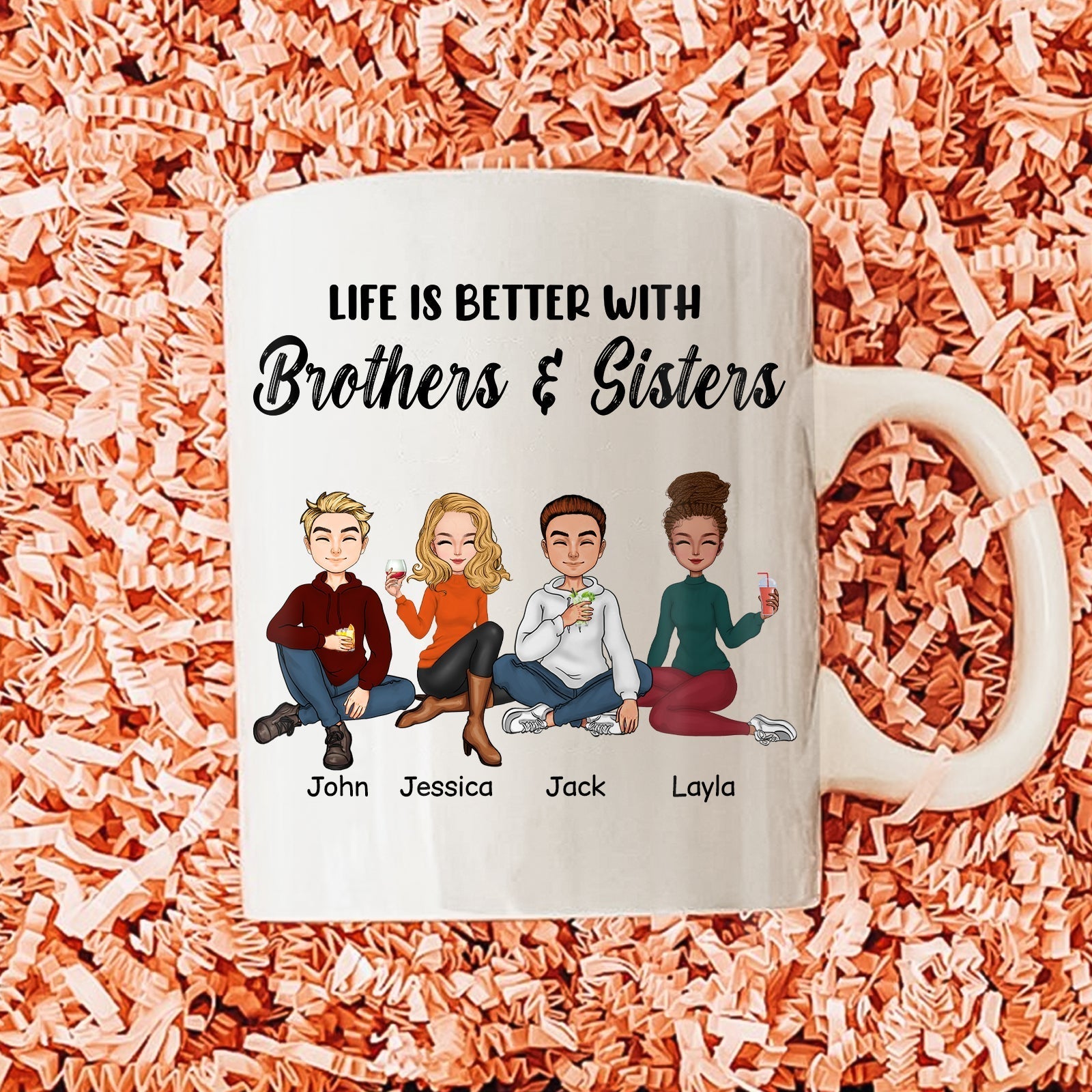 Ceramic mug featuring cartoon siblings and the phrase life is better with siblings gift for family bonding
