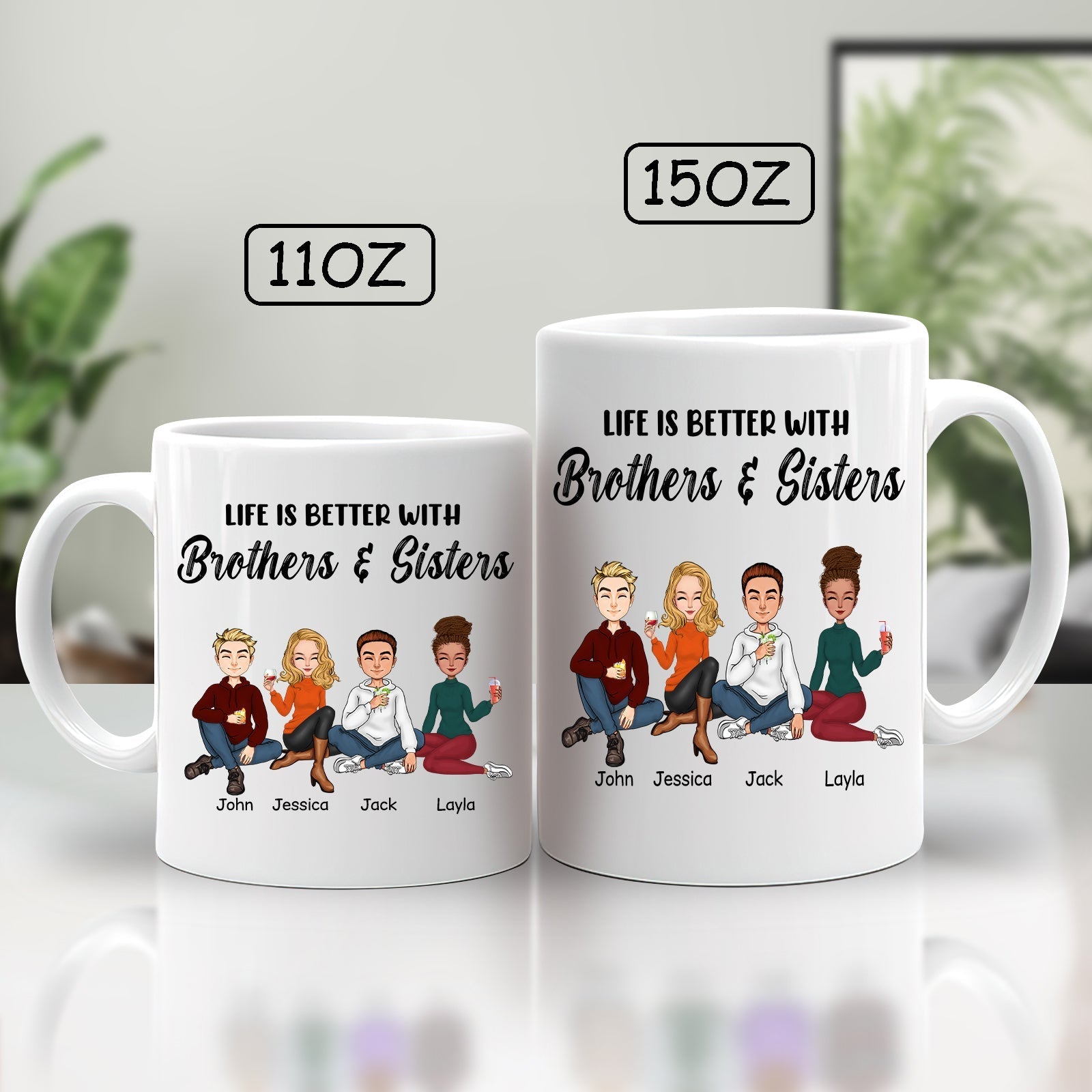 Life is better with siblings gift mugs featuring personalized names for brothers and sisters