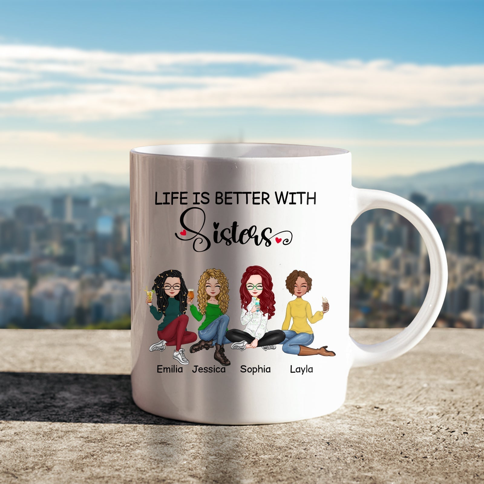 White mug with cartoon sisters and text life is better with sisters gift showing names Emilia Jessica Sophia Layla