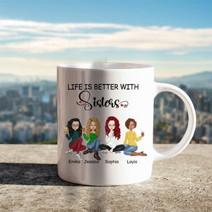 White mug with cartoon sisters and text life is better with sisters gift showing names Emilia Jessica Sophia Layla