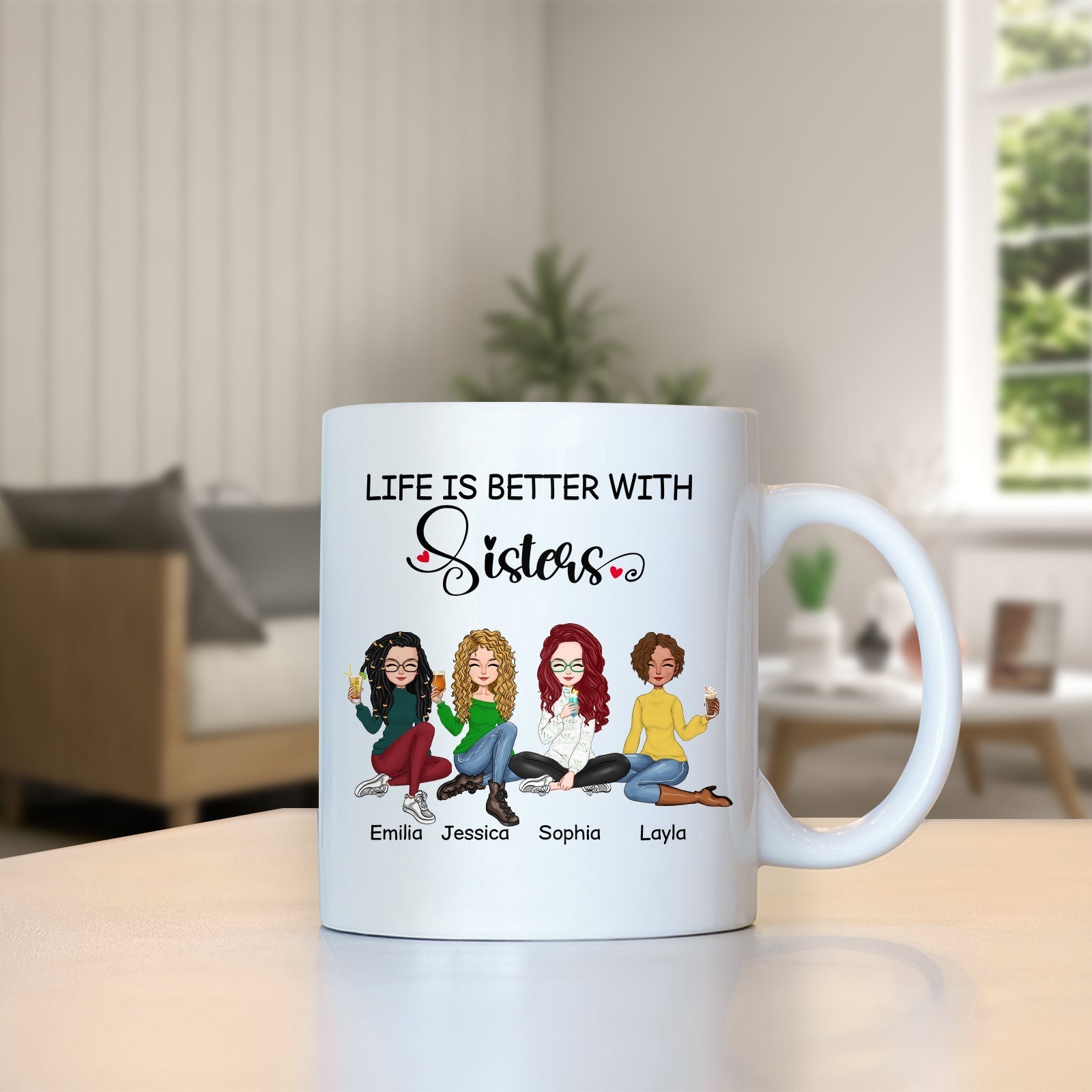 White mug with cartoon sisters and text life is better with sisters gift by 365Gifty