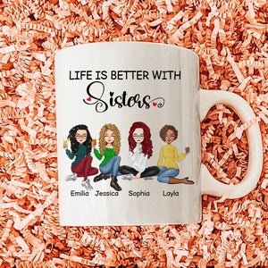 White coffee mug with life is better with sisters gift featuring illustrated women named Emilia Jessica Sophia and Layla