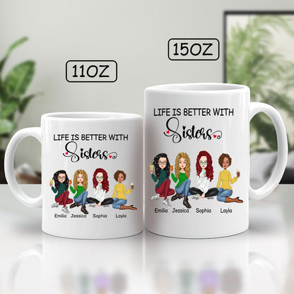 365Gifty life is better with sisters gift coffee mugs in 11oz and 15oz sizes with cartoon sisters design