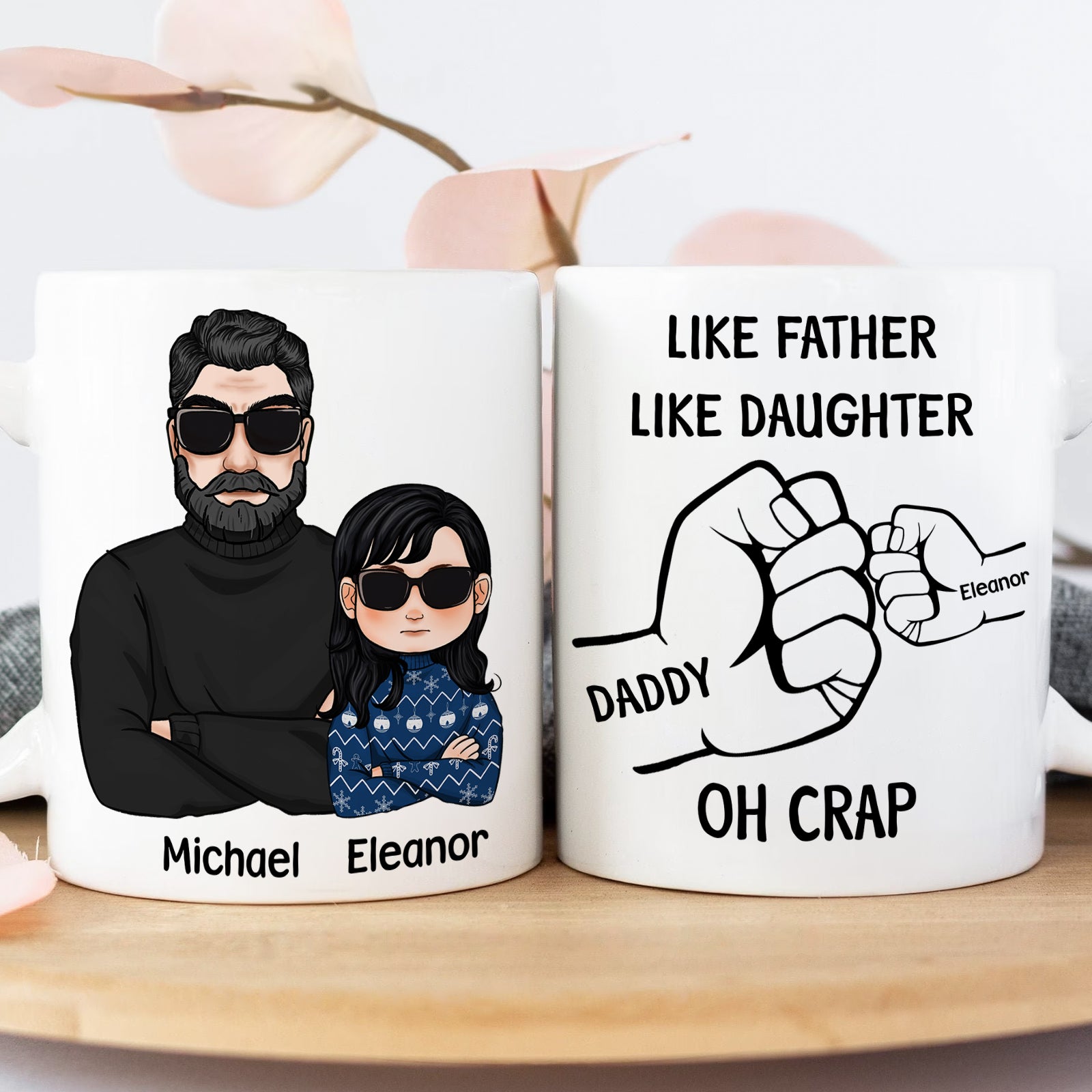 365Gifty like father like daughter gift coffee mugs featuring cartoon father and daughter with sunglasses and personalized names