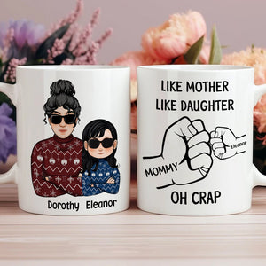 Like father like daughter gift coffee mugs featuring mother and daughter cartoon with matching sweaters